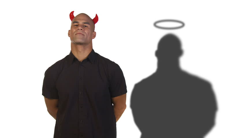 Evil man with red horns has a good inner self, revealed by his shadow with a