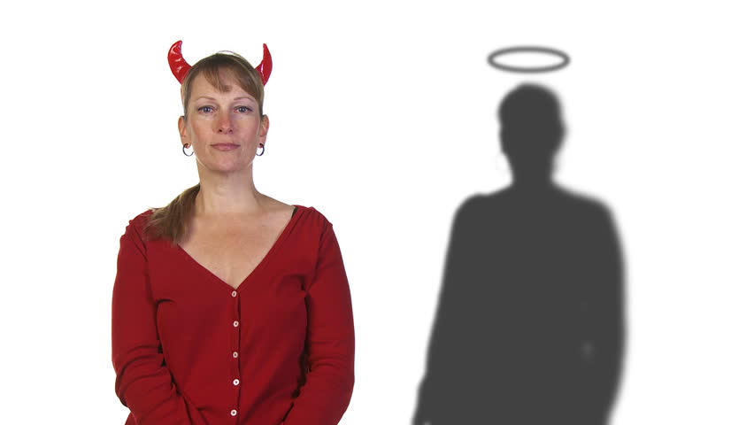 Wicked woman with devil horns has a good inner self, revealed by her shadow with