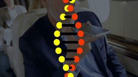 Businessman using smartphone with DNA strand animation overlay in private jet. technology, aviation, luxury, innovation, genetics, travel - Powered by Shutterstock - Get 15% off with code: PIKWIZARD15