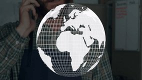 Talking on phone, man with digital globe animation overlaying his face. Technology, communication, virtual, innovation, futuristic, business - Powered by Shutterstock - Get 15% off with code: PIKWIZARD15