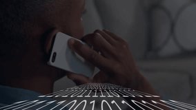 Person talking on phone with binary code animation overlaying scene. Telecommunication, digital, connection, networking, communication, technology - Powered by Shutterstock - Get 15% off with code: PIKWIZARD15