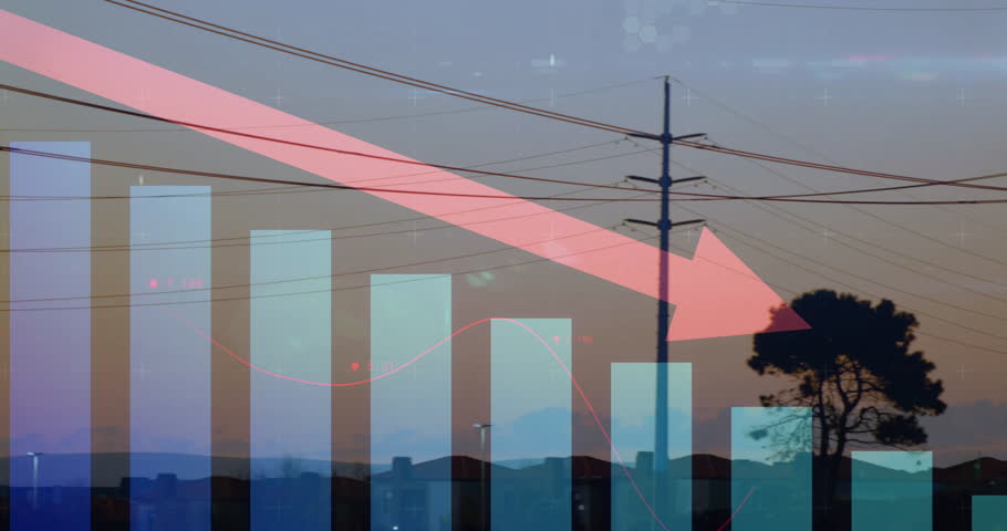 Power lines with declining graph animation indicating decrease in energy consumption. electricity, sustainability, conservation, efficiency, environment, grid