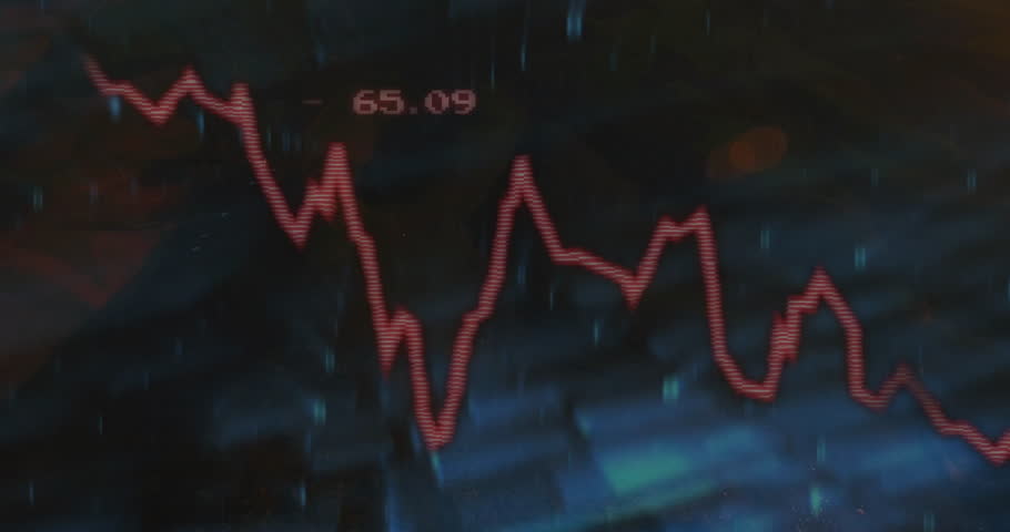 Animation of red financial graph declining over mountain landscape during sunset. Finance, decline, investment, business, economy, data