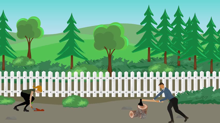 Animation of characters gardening activity, spring or summer time