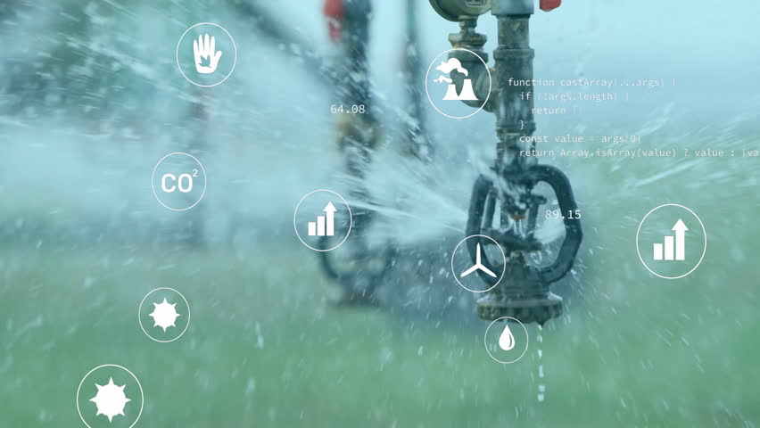 Operating water sprinkler with sustainability icons and environmental data overlay. Conservation, eco-friendly, green, technology, efficiency, smart