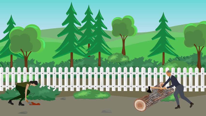 Animation of characters gardening activity, spring or summer time
