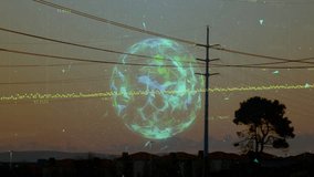 Digital globe and data animation over power lines and evening sky. Technology, innovation, network, electricity, communication, energy - Powered by Shutterstock - Get 15% off with code: PIKWIZARD15