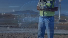 Drone displaying animation of data and coordinates on rocky ground interface. Technology, innovation, digital, automation, mapping, visualization - Powered by Shutterstock - Get 15% off with code: PIKWIZARD15