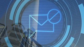 Digital envelope icon and binary code animation over construction workers on site. Technology, cybersecurity, communication, data, network - Powered by Shutterstock - Get 15% off with code: PIKWIZARD15