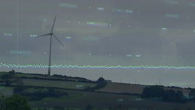 Wind turbine in countryside with digital globe and data processing animation overlay. Renewable, energy, technology, sustainability, environment, innovation - Powered by Shutterstock - Get 15% off with code: PIKWIZARD15