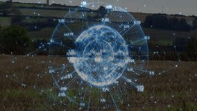 Animation of digital globe with data points over rural landscape. Technology, globalization, innovation, network, connection, future - Powered by Shutterstock - Get 15% off with code: PIKWIZARD15