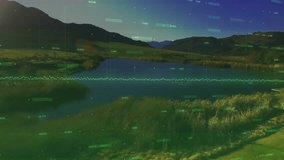 Digital landscape with green data processing animation over mountain scenery. Technology, innovation, information, futuristic, networking, analytics - Powered by Shutterstock - Get 15% off with code: PIKWIZARD15
