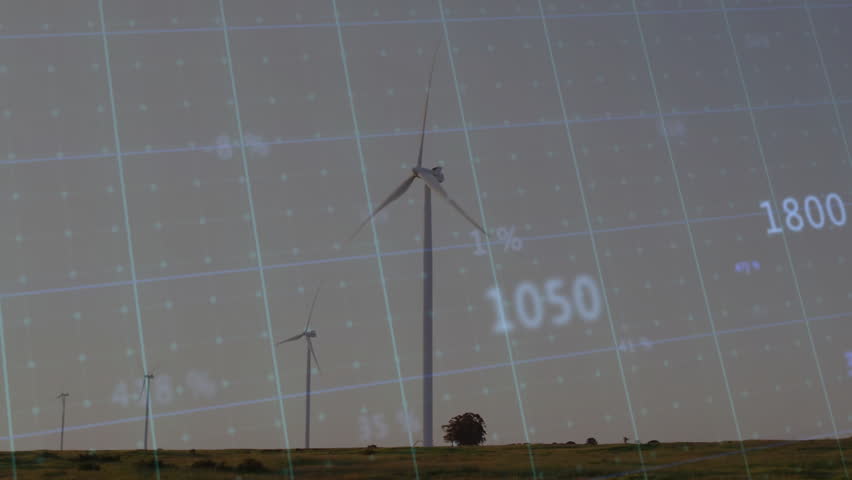 Animation of wind turbines in landscape with financial graph overlay showing 65%. Wind energy, renewable, sustainability, financial growth, investment, progress