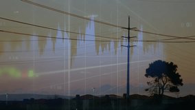 Financial graph animation over power lines and suburban landscape at dusk. Electricity, infrastructure, finance, economy, technology, energy - Powered by Shutterstock - Get 15% off with code: PIKWIZARD15