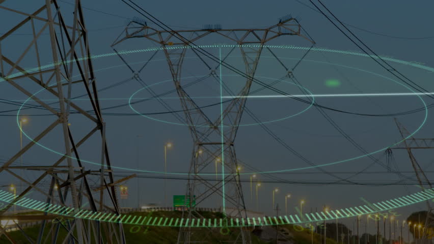 Digital data processing animation overlaying power lines in technology scene. innovation, connectivity, telecommunications, smart grid, analytics, infrastructure - Powered by Shutterstock - Get 15% off with code: PIKWIZARD15