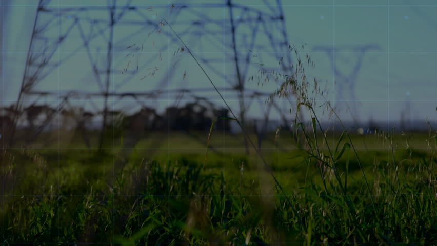Electricity pylons standing in green field with data processing animation overlay. Infrastructure, technology, energy, power, sustainability, innovation - Powered by Shutterstock - Get 15% off with code: PIKWIZARD15