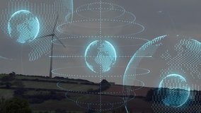 Wind turbines in rural landscape with digital globe and network connections animation. Renewable, energy, sustainability, technology, innovation, connectivity - Powered by Shutterstock - Get 15% off with code: PIKWIZARD15