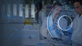 Scientist working in laboratory with digital data processing animation overlay. Research, technology, innovation, analysis, experiment, futuristic - Powered by Shutterstock - Get 15% off with code: PIKWIZARD15