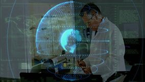 Scientist working in laboratory with digital globe and data overlay animation. Science, technology, innovation, research, analysis, futuristic - Powered by Shutterstock - Get 15% off with code: PIKWIZARD15