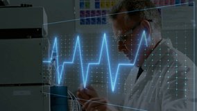 Analyzing medical charts, doctor reviewing with colorful heartbeat animation overlay. Healthcare, technology, data analysis, innovation, cardiology, professional - Powered by Shutterstock - Get 15% off with code: PIKWIZARD15