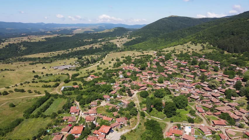 Aerial view of village of Zheravna with nineteenth century houses, Sliven Region, Bulgaria