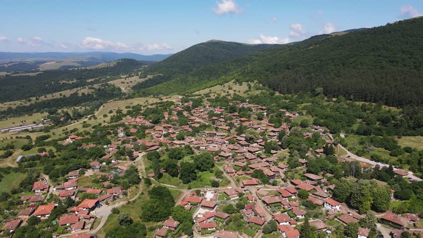 Aerial view of village of Zheravna with nineteenth century houses, Sliven Region, Bulgaria