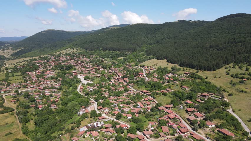 Aerial view of village of Zheravna with nineteenth century houses, Sliven Region, Bulgaria