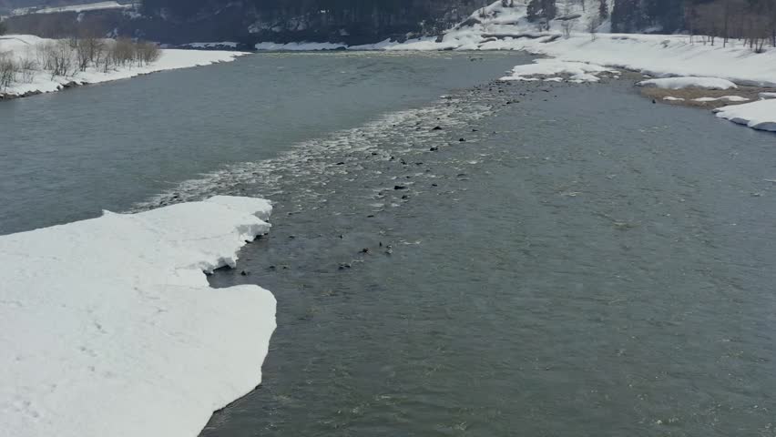 Slow motion aerial footage: A beautiful river surrounded by snow