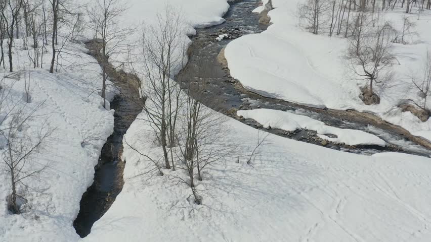 Slow motion aerial footage: A beautiful river surrounded by snow