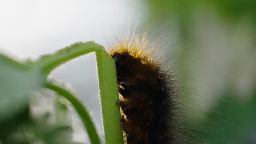 Close-up view of a garden tiger moth caterpillar crawling on a vibrant green leaf, showcasing its fuzzy body and delicate movements in nature