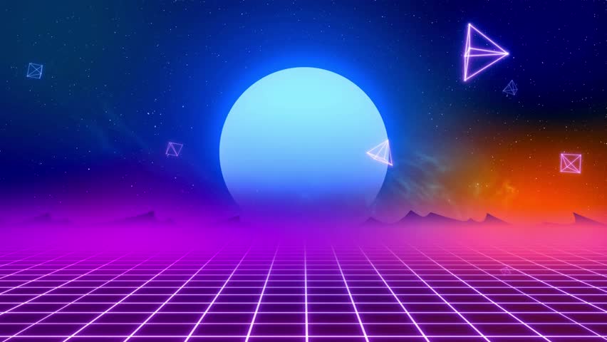 80's retro vintage style background with light moon illusion sunset from 3d render looped 4k video footage.