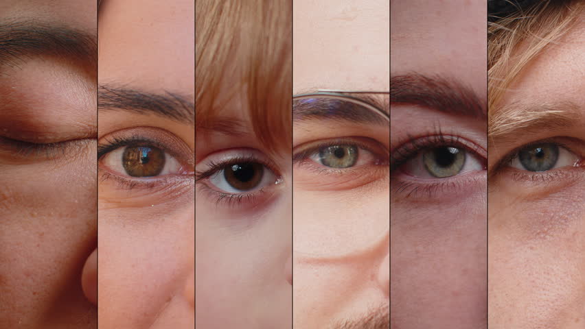 Diverse collage of happy joyful authentic men, women, children eyes close-up smiling face, looking at camera. Group of people grinning with gaze. Racial equality. Different nationalities, ages, gender