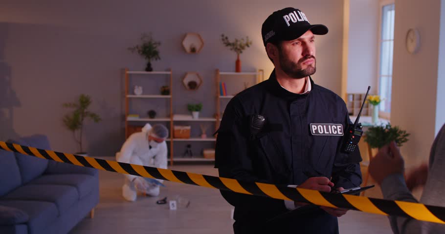 Crime scene investigator analyst, evidence, professional criminological expert in white inspecting, examining behind barricade tape, yellow police line, warning, police officer asking for evidence