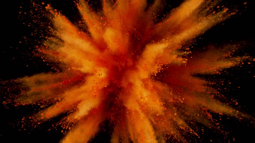 Super Slow Motion Orange Color Powder Explosion on Black Background at 1000fps.