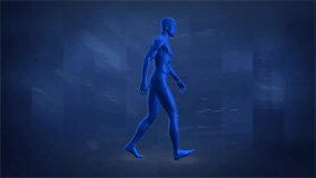 Walking, blue human figure with digital data and network animation in background. Technology, futuristic, connectivity, innovation, virtual, cyberspace - Powered by Shutterstock - Get 15% off with code: PIKWIZARD15
