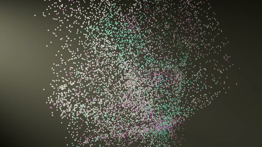 3D particle flow animation loop featuring countless small spheres in white, teal, and purple, dynamically dispersing in an organic motion against a dark background, creating a futuristic effect.