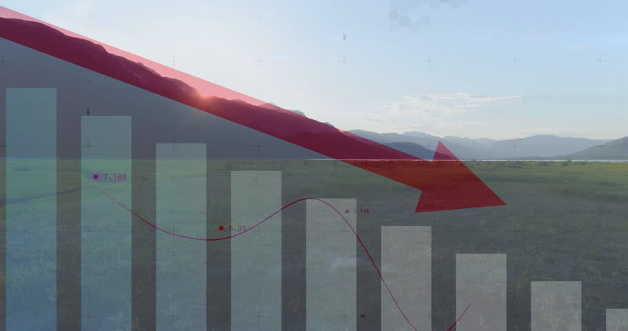 Bar chart with downward red arrow and animation over mountain landscape. Statistics, analysis, decrease, data, finance, economics