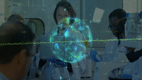 In school laboratory, scientists analyzing data with digital globe animation overlay. Science, technology, innovation, research, analytics, data analysis - Powered by Shutterstock - Get 15% off with code: PIKWIZARD15