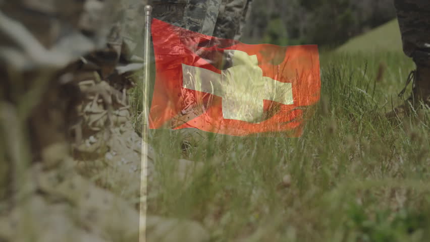 Swiss flag waving over soldiers standing on grassy field during animation shoot. Patriotism, Switzerland, military, national, marching, grassland