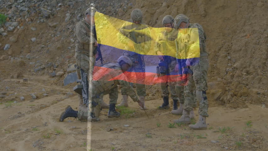 In animation, military personnel in camouflage standing with Colombian flag overlay. soldiers, patriotism, national flag, armed forces, defense, nationalism