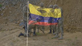 In animation, military personnel in camouflage standing with Colombian flag overlay. soldiers, patriotism, national flag, armed forces, defense, nationalism - Powered by Shutterstock - Get 15% off with code: PIKWIZARD15
