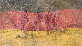 Standing on rocky terrain, military personnel in tactical gear with German flag overlay. camouflage, armed forces, training, operations, Germany, defense - Powered by Shutterstock - Get 15% off with code: PIKWIZARD15