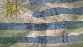 Animation of soldiers in action with Uruguay flag overlay in outdoor setting. Military, combat, army, patriotism, national, armed - Powered by Shutterstock - Get 15% off with code: PIKWIZARD15