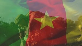 Soldiers with Cameroon flag animation, standing outdoors in silhouette formation. Military, defense, patriotic, unity, nationalism, troops - Powered by Shutterstock - Get 15% off with code: PIKWIZARD15