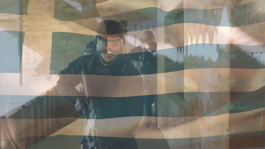 Soldier making peace sign with animation of Greek flag in background. Military, patriotism, nationalism, gesture, symbol, Greece