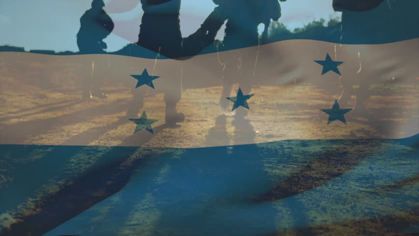 Silhouetted soldiers with Honduras flag overlay in animation, conveying patriotism. Military, national pride, defense, honor, courage, loyalty - Powered by Shutterstock - Get 15% off with code: PIKWIZARD15
