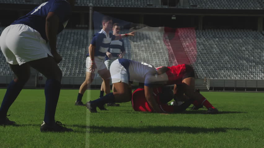 In stadium, rugby players running with ball and animation of flag overlay. Sport, team, athletes, competition, fitness, outdoor