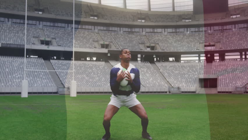 Preparing to catch ball, rugby player in striped jersey in stadium with animation. Sports, athlete, competition, teamwork, action, strategy - Powered by Shutterstock - Get 15% off with code: PIKWIZARD15