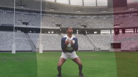 Preparing to catch ball, rugby player in striped jersey in stadium with animation. Sports, athlete, competition, teamwork, action, strategy - Powered by Shutterstock - Get 15% off with code: PIKWIZARD15