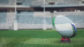 Rugby ball on tee over stadium with flag overlay animation. Sport, competition, field, team, athletics, league - Powered by Shutterstock - Get 15% off with code: PIKWIZARD15